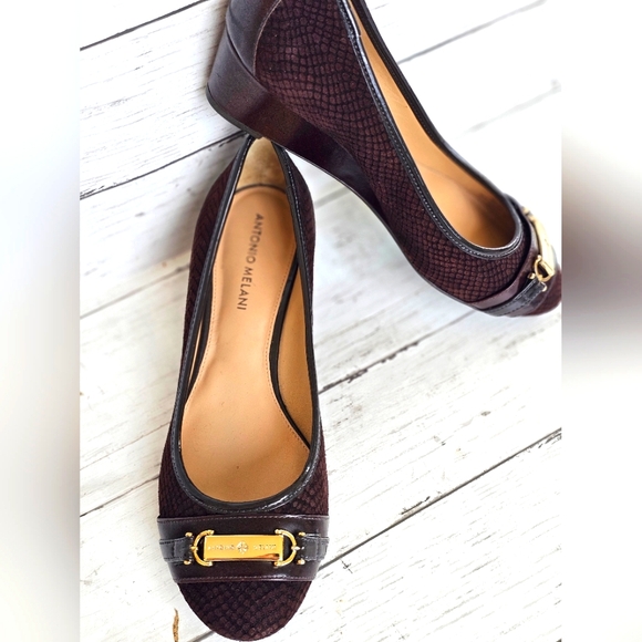 New Antonio Melani Marra Brown Leather Nubuck Snakeprint Wedge Heel Slip on - Picture 5 of 12